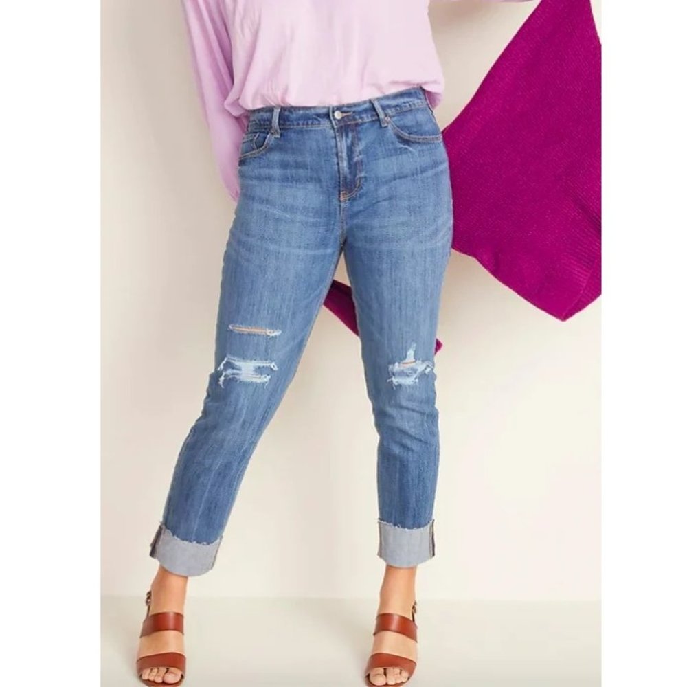 NWT Old Navy PETITE 02P Boyfriend Midrise DK Indigo Alcatraz Raw-edge Cuff Jeans